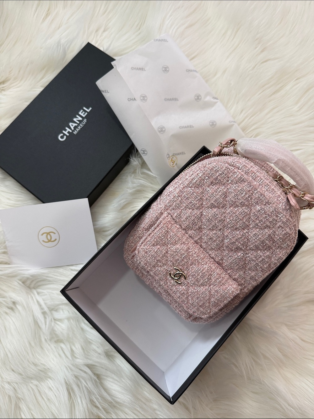 LAST ONE Pink Tweed Mini Backpack with Gold Logo Accent